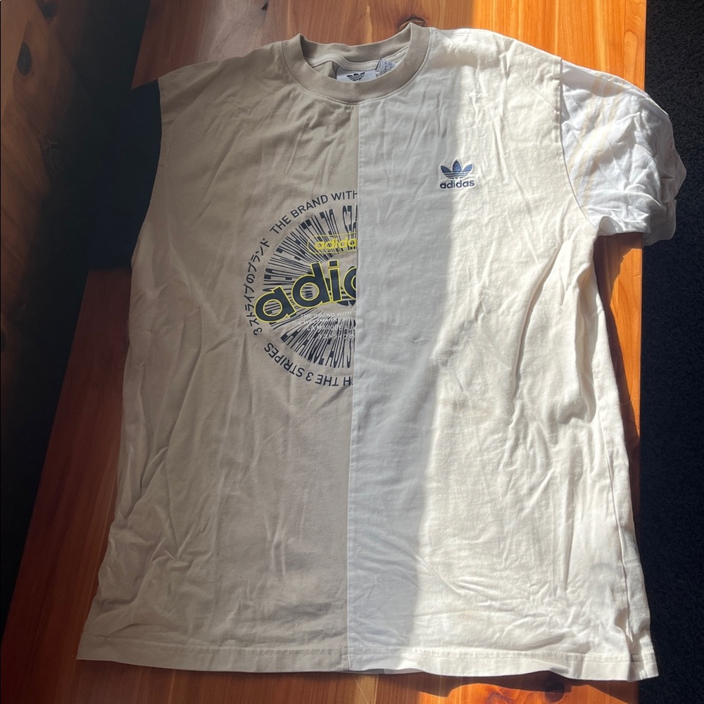 Adidas Cream and Navy Blue Graphic Tee